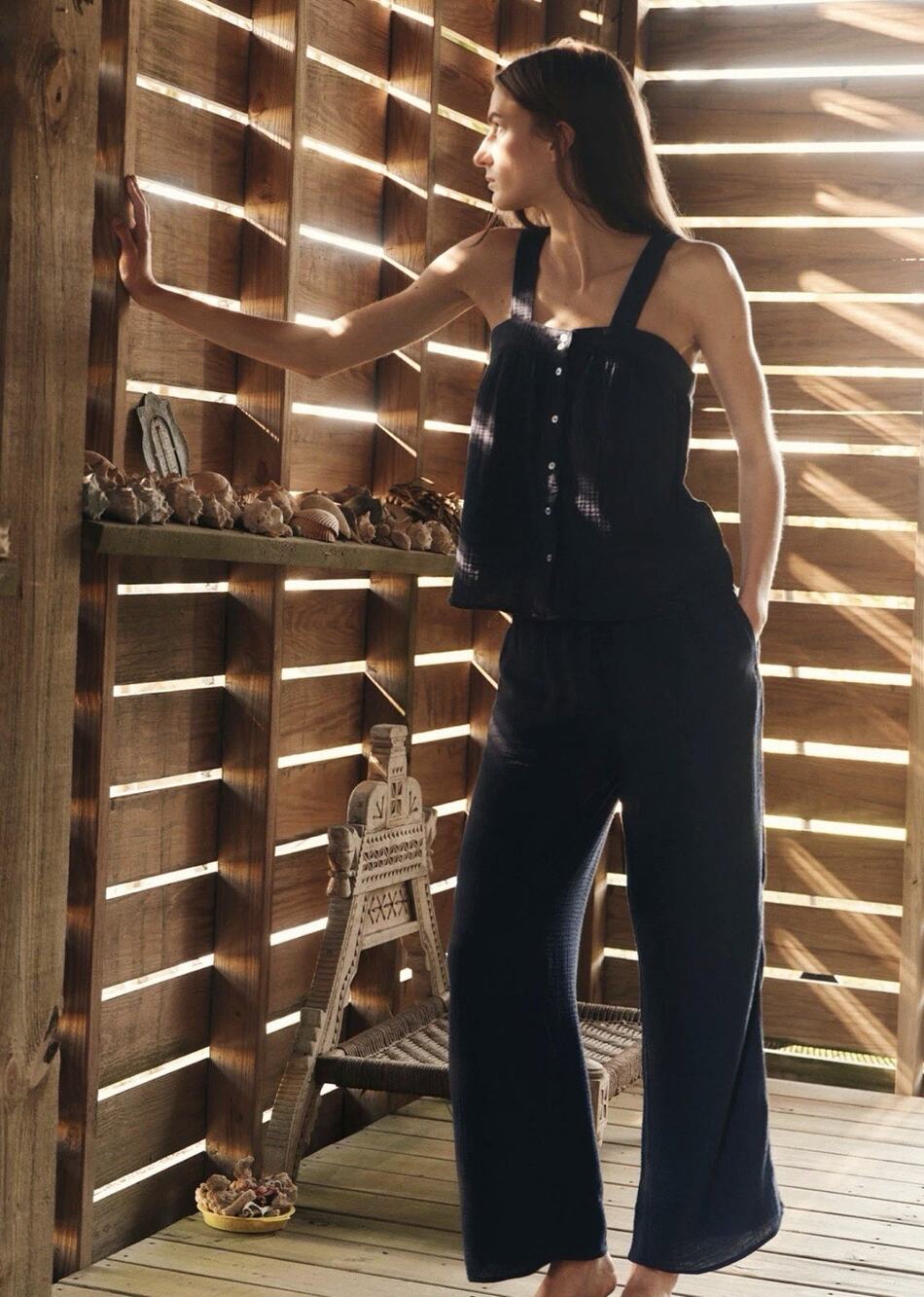 LAKE Hampton Blue Pajama Set w Gauze Button Up Top & Wide Leg Bottoms Sz S